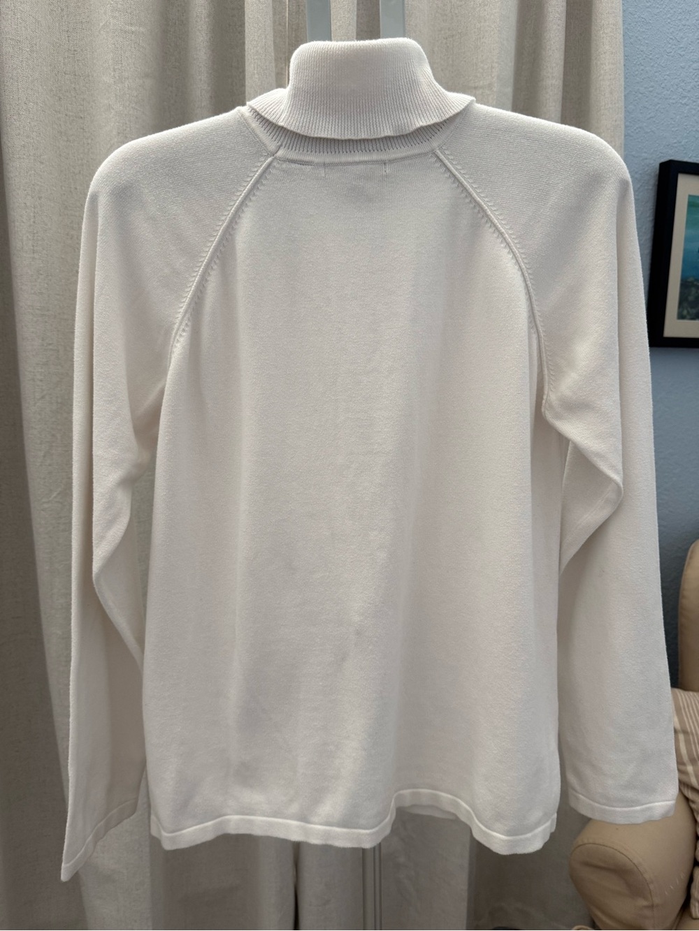 100% Cotton White Knit Turtleneck Raglan Sweater XL Quiet Luxury - Picture 3 of 4